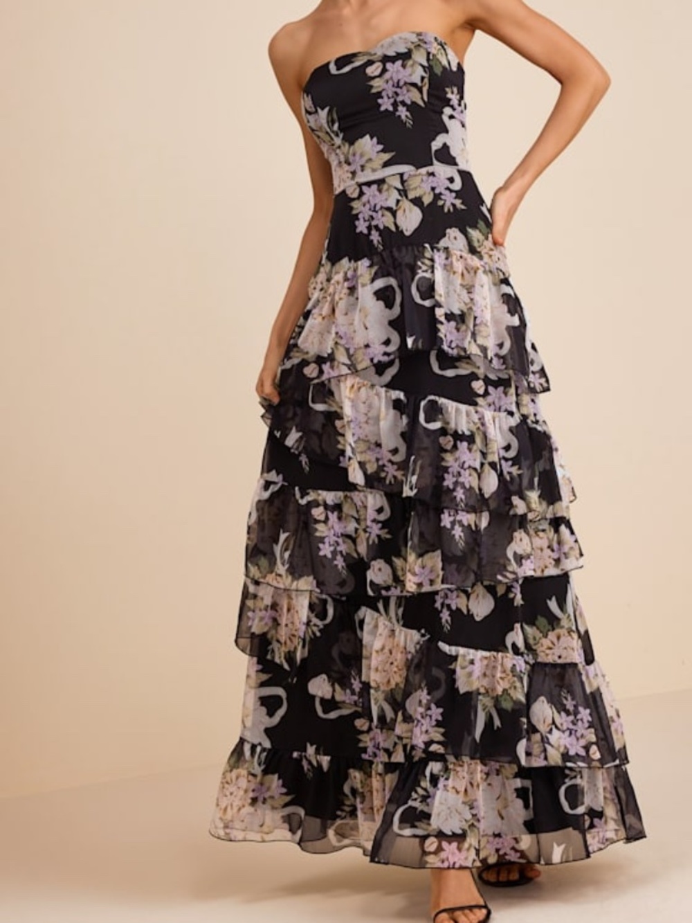 Lulus Niyati Black Floral Strapless Tiered Maxi Dress - Size XL